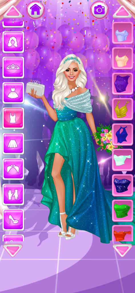 Un personaje de muñeca estrella vestido con un glamuroso vestido turquesa y sosteniendo un ramo en un escenario