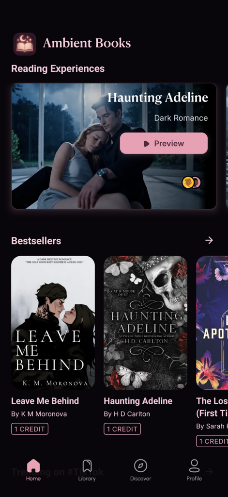 Ambient Books: Video Novels - The home screen of the Ambient Books mobile app featuring dark romance bestsellers and a video novel preview for Haunting Adeline.