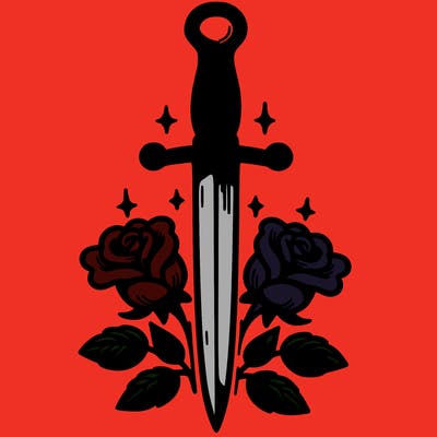 dagger in upright position with roses in front
