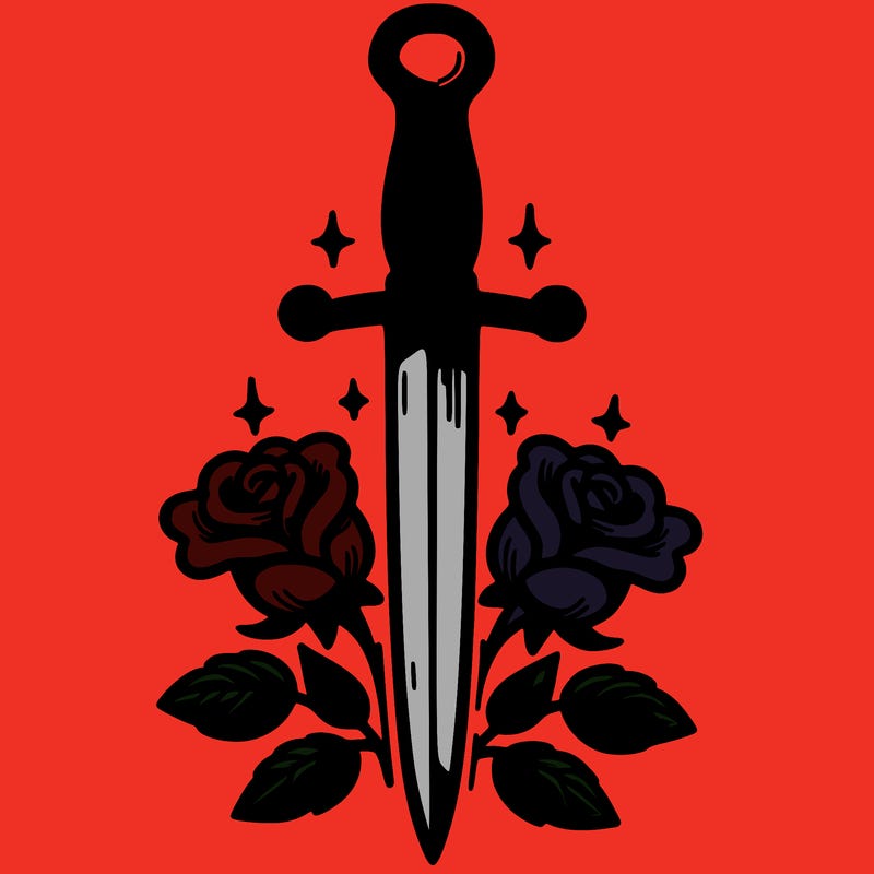 dagger in upright position with roses in front