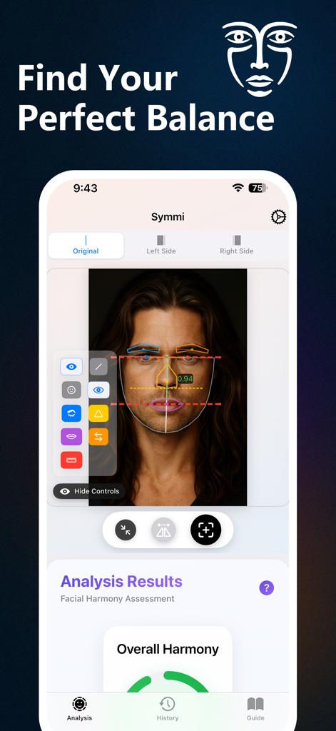 Symmi Face app interface showing facial landmark detection and symmetry analysis on a portrait.