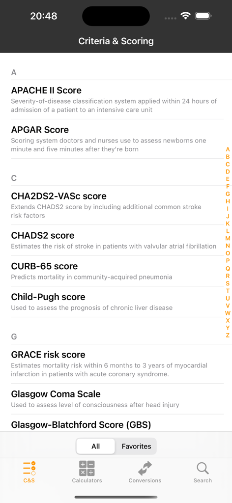 Interface of the mediCS app displaying medical scores and criteria like APACHE II and APGAR score