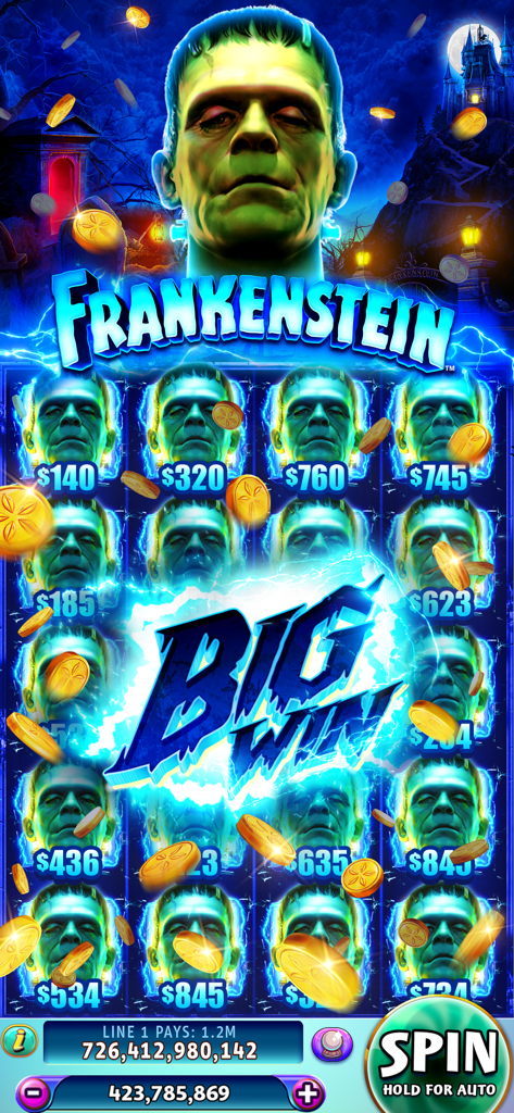 Gold Fish Casino Slots Games - Big Win animation on a Frankenstein themed slot machine in Gold Fish Casino