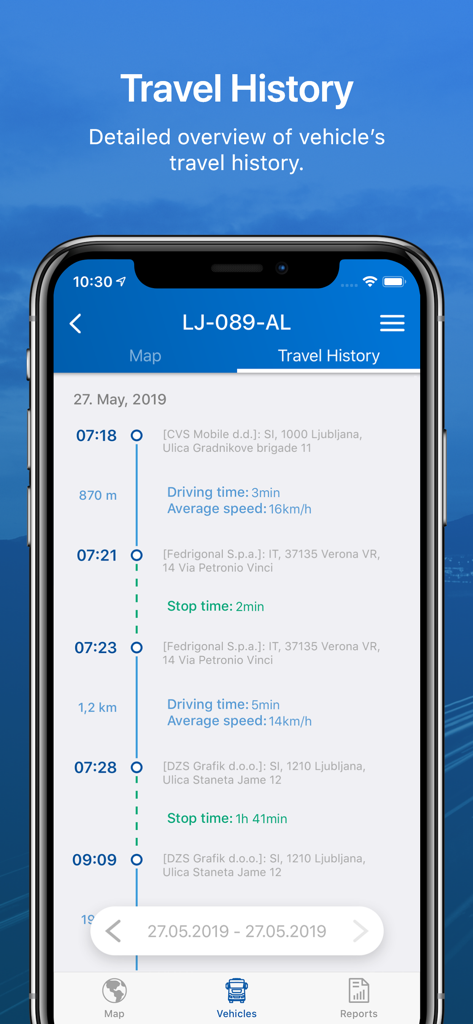 mobileMAP (by CVS / Eurowag) - Detaillierter Fahrtenverlaufsbericht mit Fahrzeiten und Stopps auf einem mobilen Bildschirm