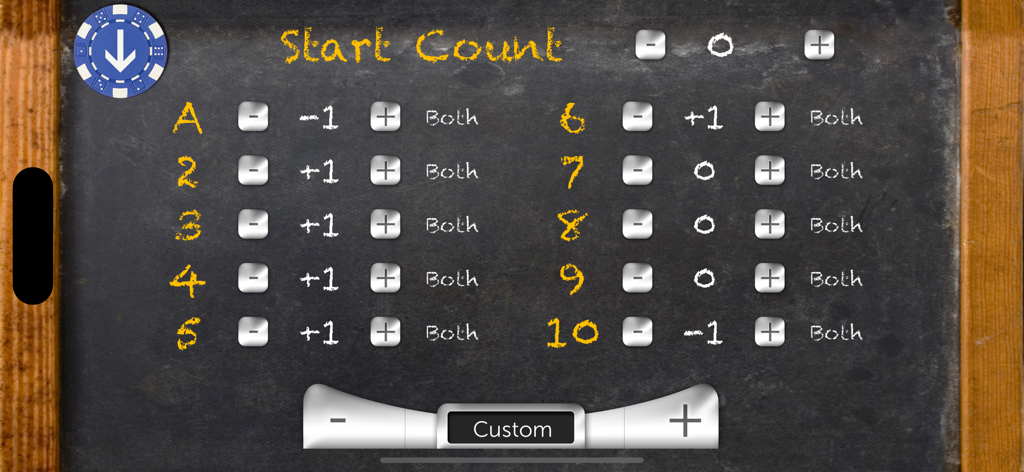 ブラックジャックカードカウンターアプリのインターフェース。チョークボードの背景にカスタムカード値を設定するためのもの。