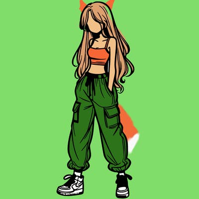 girl in baggy pants crop top and long hair