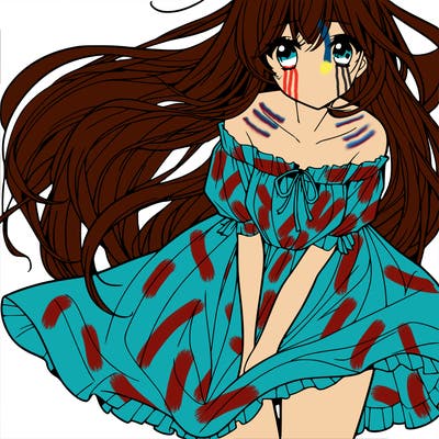 manga girl with long flowing hair and a dress that is pushed down