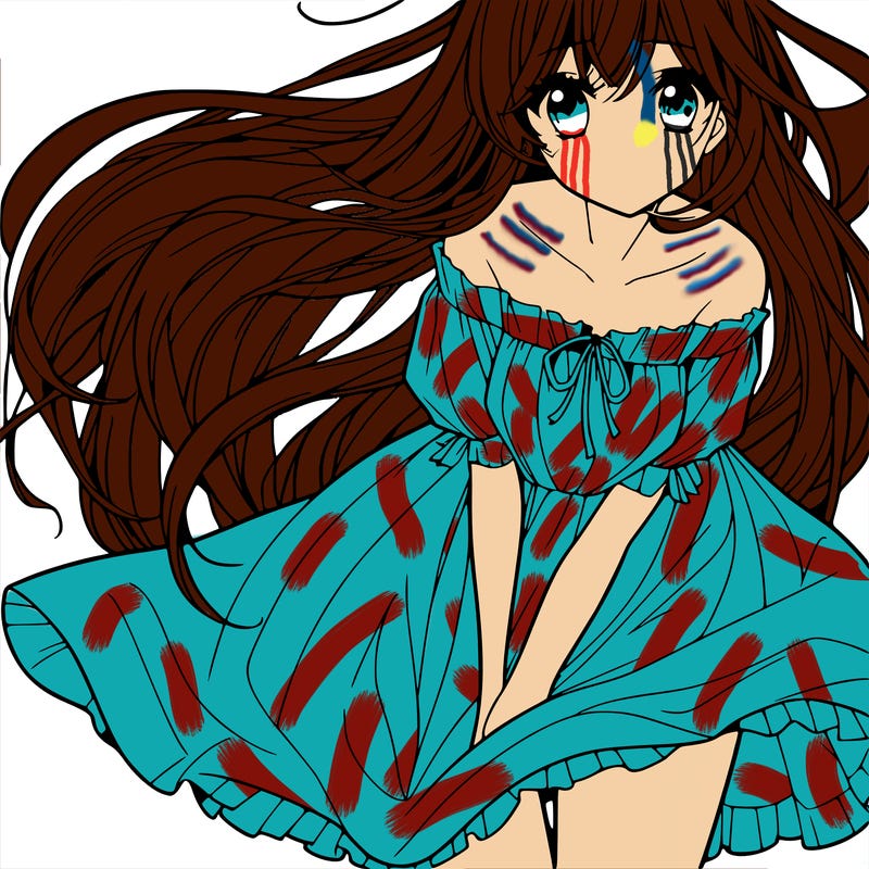 manga girl with long flowing hair and a dress that is pushed down
