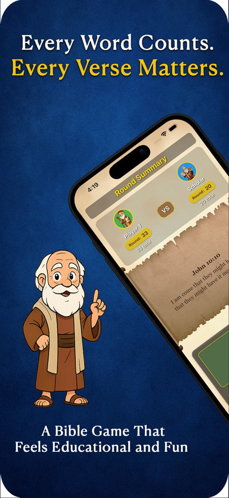 Verse Pursuit - Interfaz de la aplicación móvil Verse Pursuit que muestra un desafío de versículos bíblicos y un resumen de ronda con un personaje profeta caricaturesco.