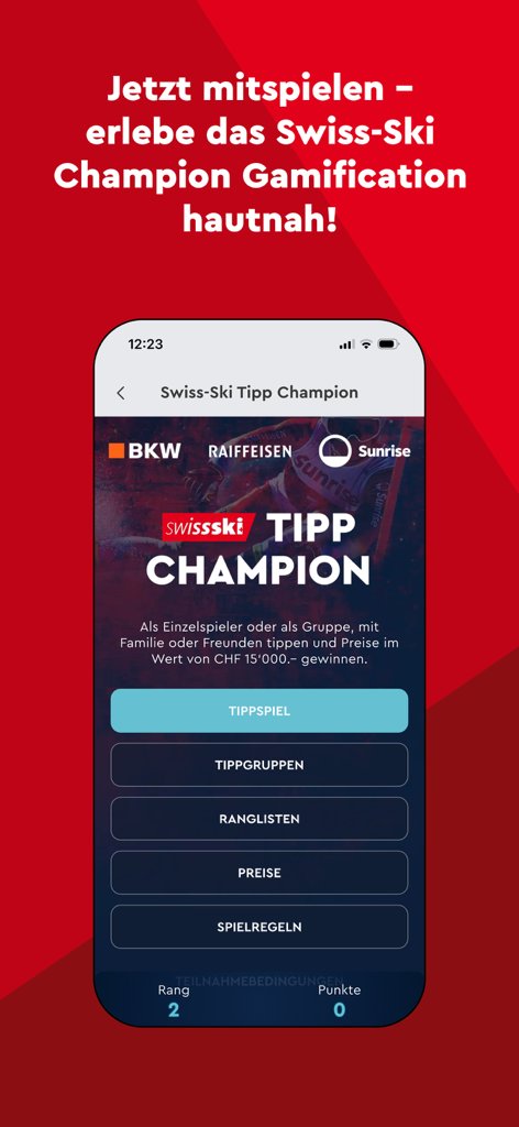 Swiss-Ski - Interface of the Swiss-Ski Tipp Champion gamification screen showing menu options for prediction games and rankings.
