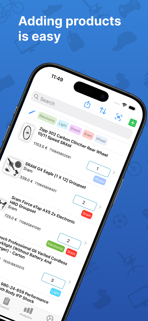 StockFlow: Warehouse control - StockFlow app screen showing a list of inventory items with quantities and prices for easy product management