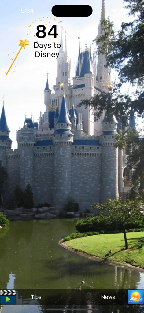 Countdown for Disney - Un temporizador de cuenta atrás de vacaciones que muestra 84 días para Disney con una foto de fondo del castillo de Magic Kingdom.