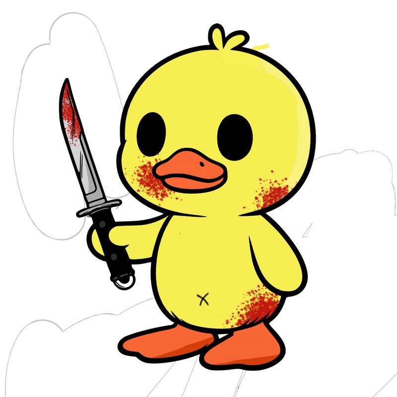 plushie duck standing up holding kinfe