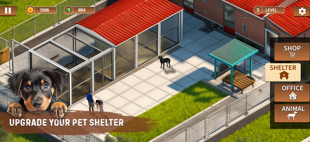 Top view of a pet shelter with dog pens and game interface for facility upgrades