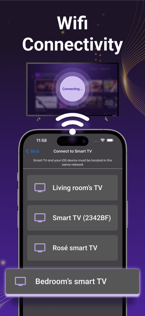 Remote for Roku TV App - Interface do aplicativo Controle Remoto para Roku mostrando uma lista de TVs inteligentes disponíveis para conectar via wifi