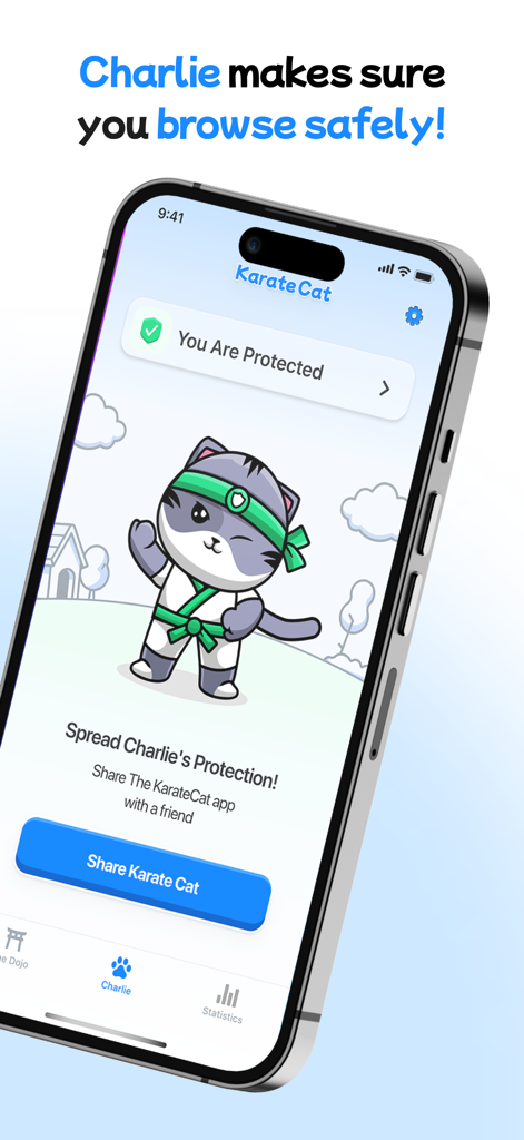 Mobile Shield app interface featuring Charlie the Karate Cat mascot for safe browsing protection