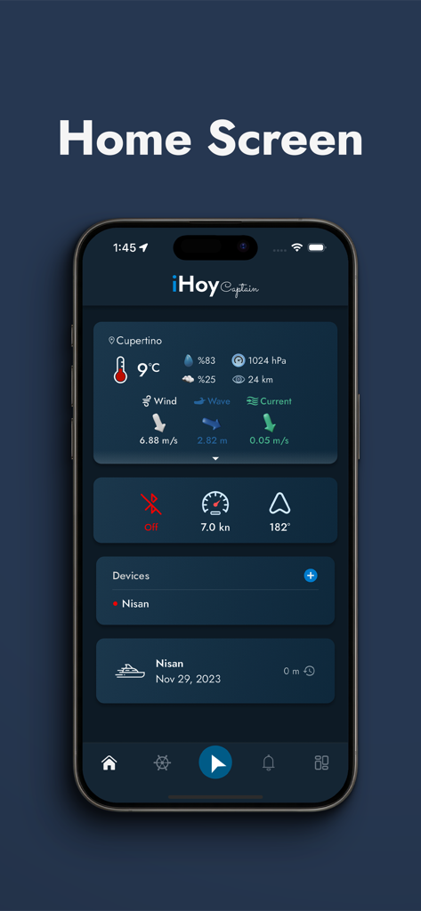 iHoy Captain app dashboard showing marine weather wind wave and vessel status data