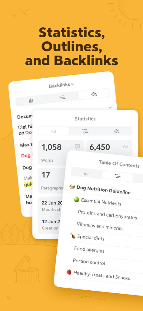 Bear - Markdown Notes - Bear app interface showing word count statistics table of contents and backlink panels