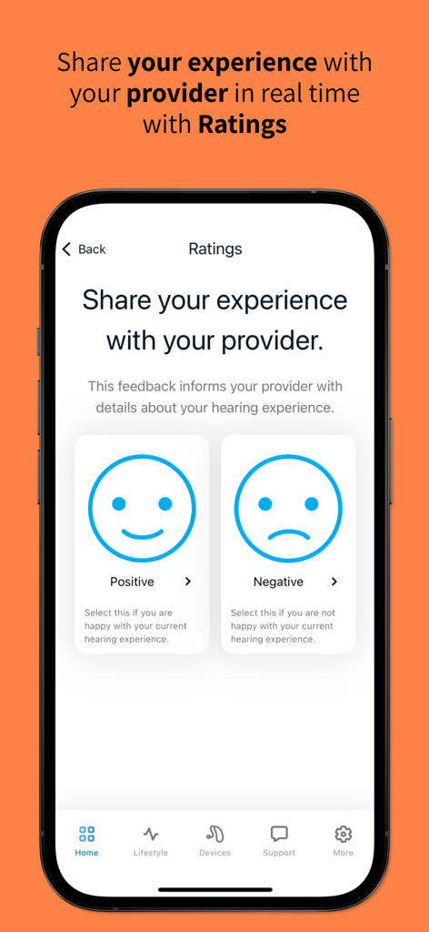 Unitron Remote Plus - Unitron Remote Plus app screen for sharing positive or negative hearing experiences with a provider