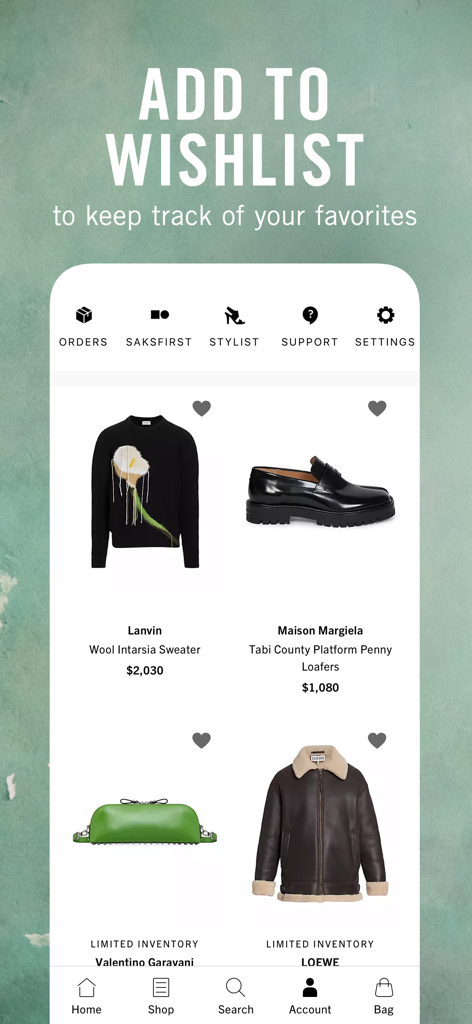 Saks Fifth Avenue app wishlist screen displaying luxury designer items and prices