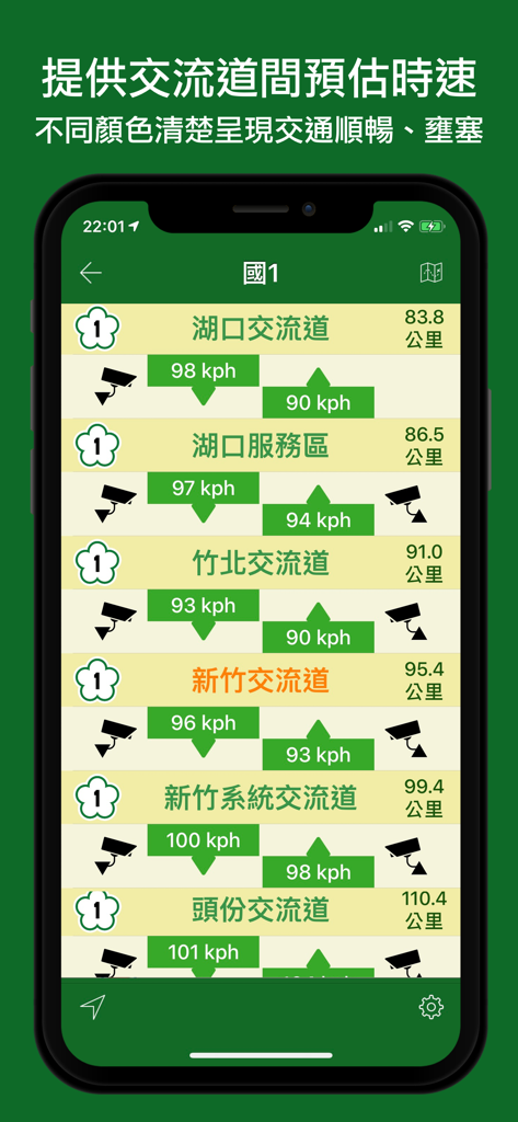App interface showing real-time traffic speeds between highway interchanges in Taiwan