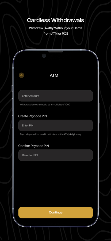 Mintyn app interface for setting up a cardless withdrawal from an ATM or POS.
