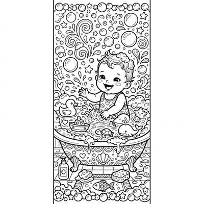 Capture the adorable chaos of bath time with this delightful coloring bookmark. Featuring a joyful baby surrounded by bubbles and toys, it's perfect for marking your favorite books with a touch of cuteness.