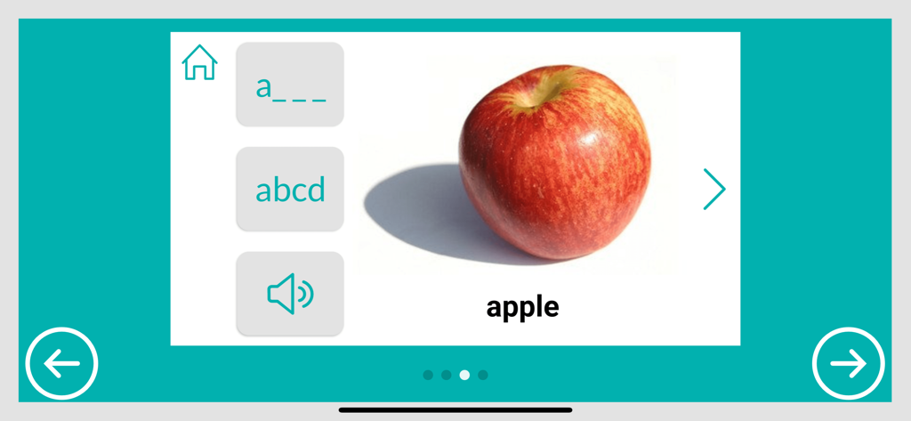 Cue Name - Objects - Cue Nameアプリのスクリーンショット、リンゴの命名練習を表示、補助的な文字と音声キュー付き