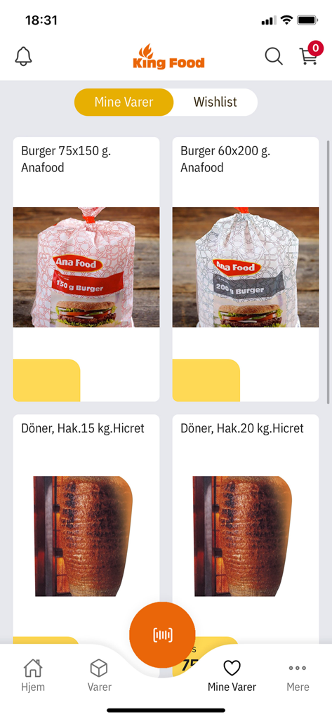 King Food - Aplicación móvil King Food mostrando una lista de productos de alimentos a granel que incluyen panecillos de hamburguesa y carne de donner para adquisición mayorista.