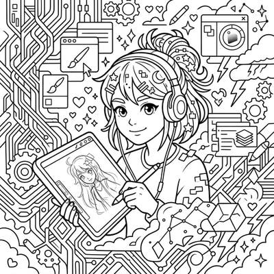 Explore the world of digital art with this captivating coloring page featuring a self-portrait creation. This intricate design offers a unique blend of technology and creativity, perfect for art enthusiasts.