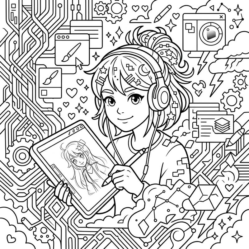 Explore the world of digital art with this captivating coloring page featuring a self-portrait creation. This intricate design offers a unique blend of technology and creativity, perfect for art enthusiasts.