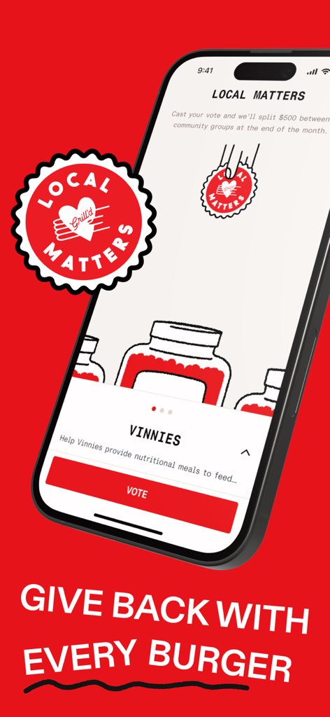 Grill’d mobile app interface for the Local Matters program allowing users to vote for community groups.
