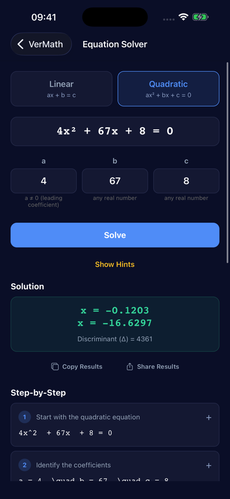 VerMath app interface solving a quadratic equation with step-by-step explanations.