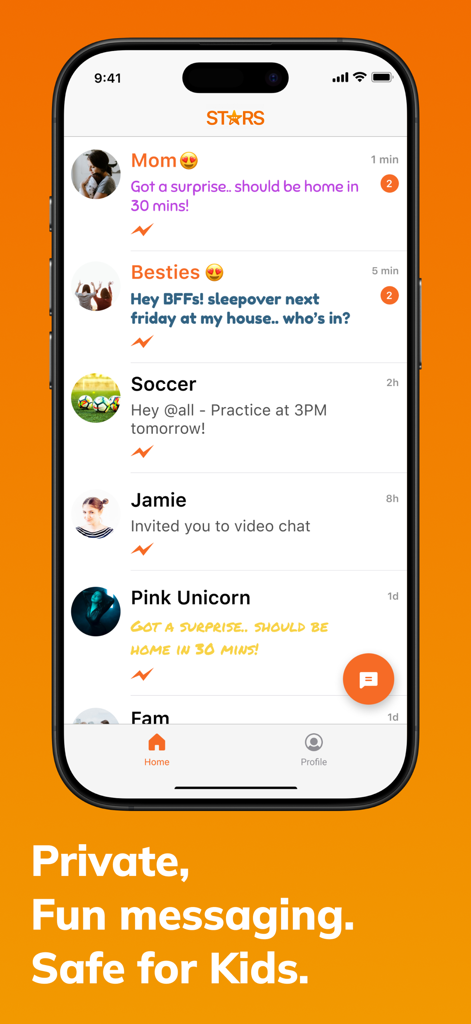 Stars Messenger Kids app chat interface showing a safe list of private messages