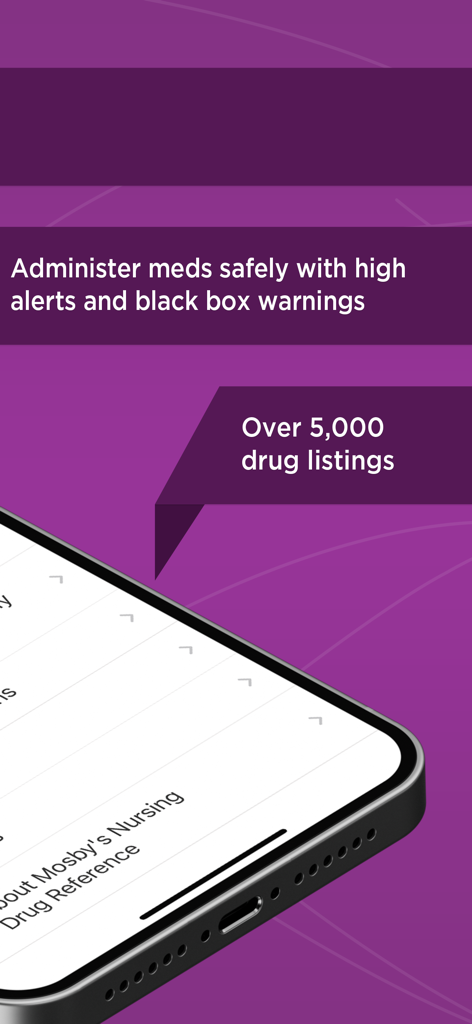 Mosby's Nursing Drug Reference 앱 인터페이스로 안전한 약물 투여 및 5,000가지 약물 목록 강조 표시