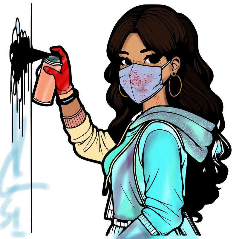 realistic girl with mask spray painting a wall