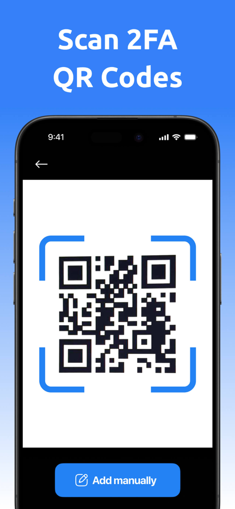 iPhone画面に2FAアカウント設定用のQRコードが表示され、「手動で追加」ボタンがあります。