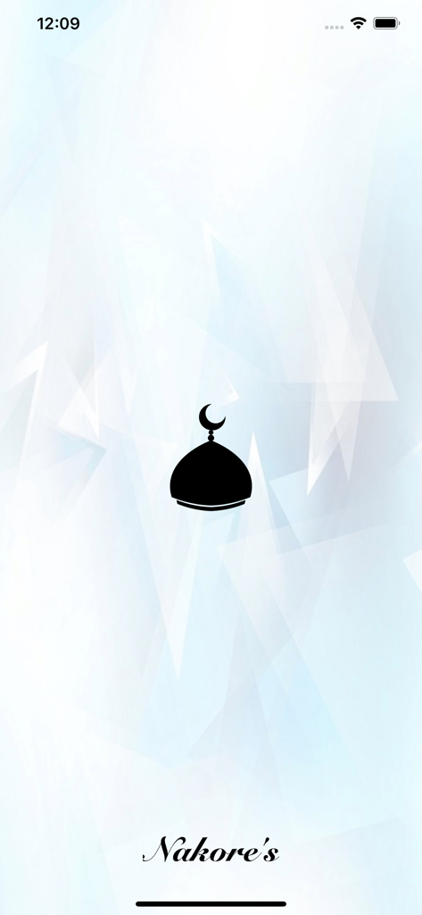 Pantalla de inicio de la aplicación Corán Muhammad-tablawy-Sudais con un ícono de cúpula de mezquita negra sobre un fondo abstracto claro