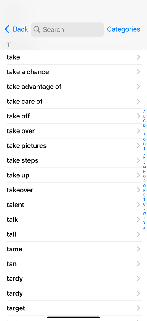 ASL Dictionary - Searchable index of sign language words and phrases starting with the letter T in the ASL Dictionary app