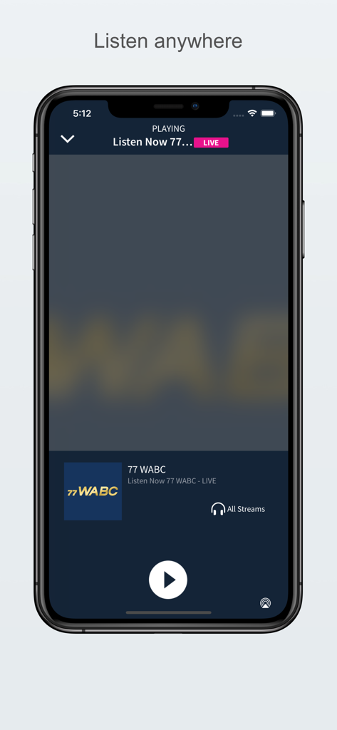 77 WABC - 77 WABC mobile app showing the live radio stream player interface