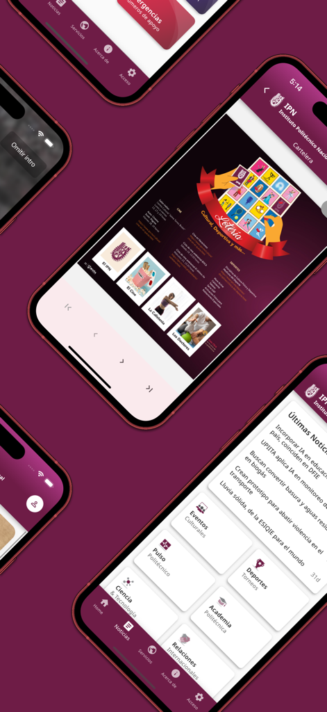 IPN Oficial - Un groupe d'écrans de téléphone portable affichant des nouvelles et des événements culturels de l'application IPN Oficial.
