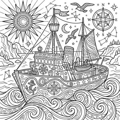 Set sail on a grand artistic voyage with this intricate Exploration Vessel coloring page. Dive into the world of discovery, bringing to life a detailed ship navigating the high seas under a celestial sky.