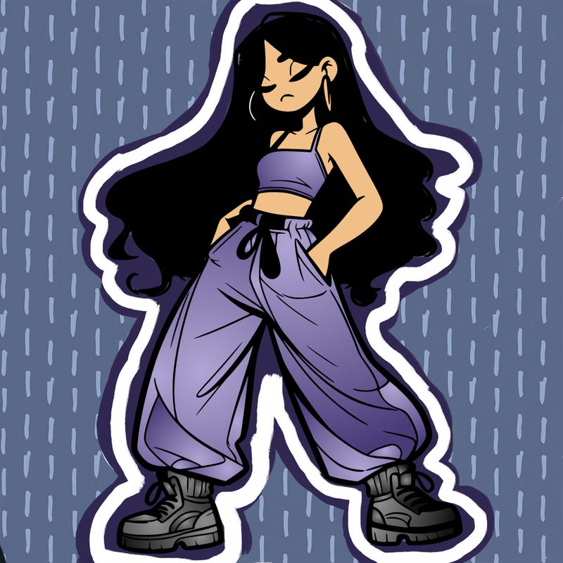 girl in baggy pants crop top and long hair