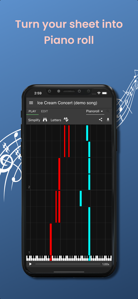 Melody Scanner - Melody Scanner app interface displaying a piano roll with notes on a smartphone screen