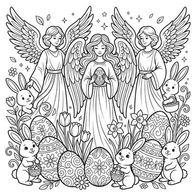 Celebrate Easter with this enchanting coloring page featuring three majestic archangels surrounded by playful bunnies and beautifully decorated eggs. Immerse yourself in a divine springtime scene filled with intricate floral patterns and cheerful details, ready for your creative touch.