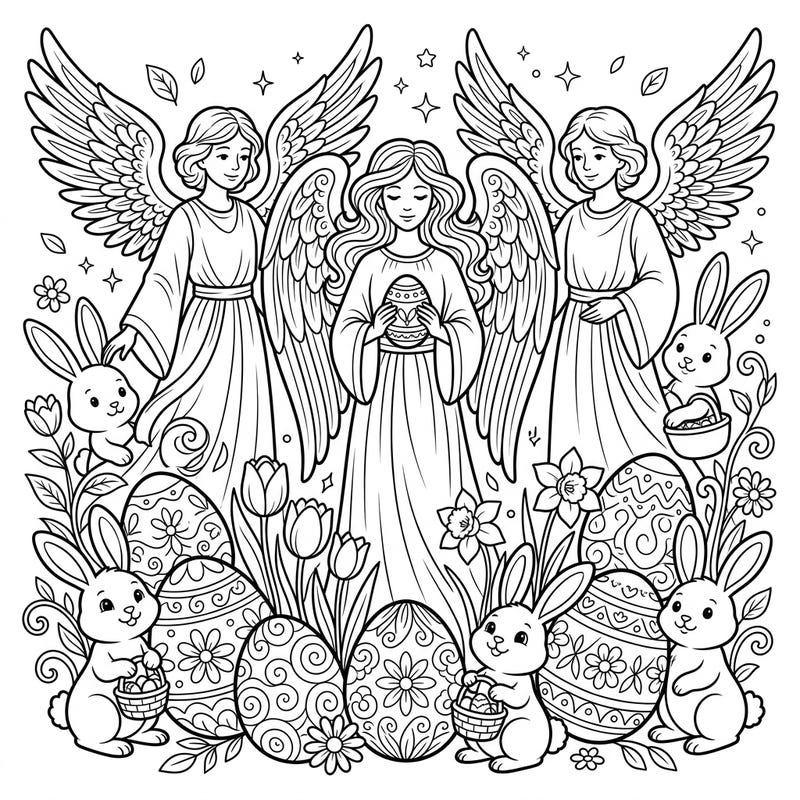 Celebrate Easter with this enchanting coloring page featuring three majestic archangels surrounded by playful bunnies and beautifully decorated eggs. Immerse yourself in a divine springtime scene filled with intricate floral patterns and cheerful details, ready for your creative touch.