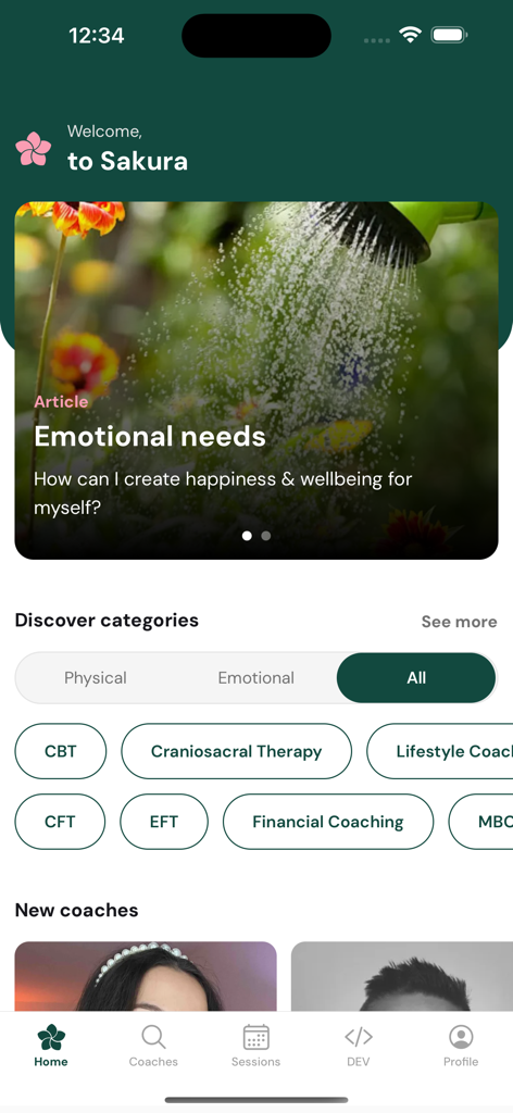 Sakura - Digital Health Care - Home screen of the Sakura digital health app showing wellness categories and featured coaching articles
