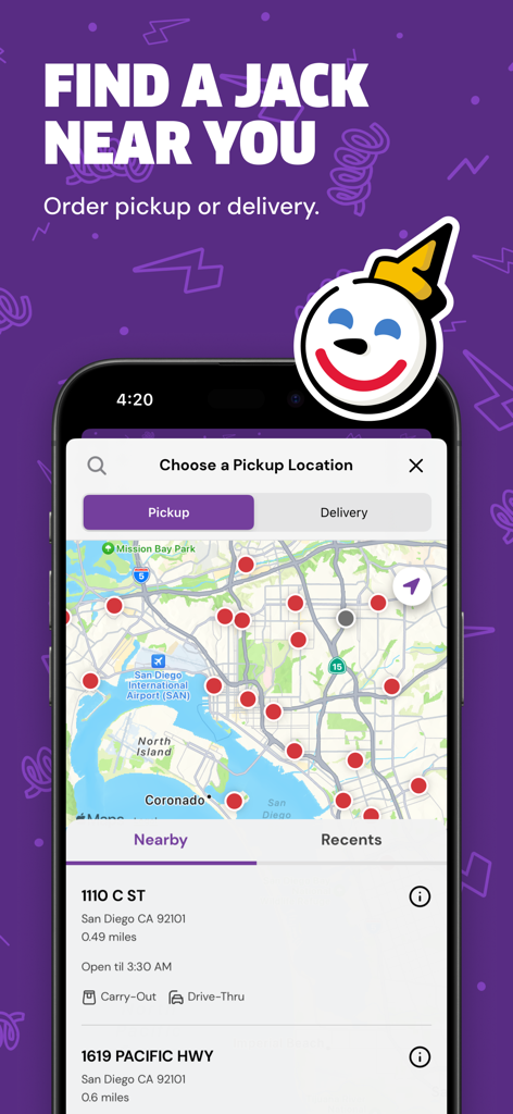 Tela de busca de localização do app móvel Jack in the Box mostrando restaurantes próximos em um mapa.