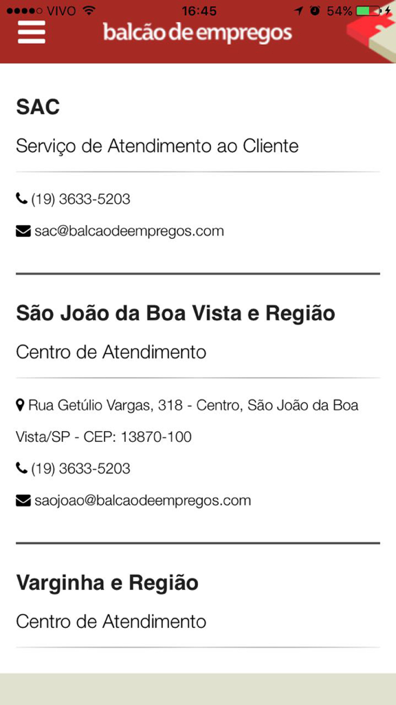 Balcão de Empregos - Captura de tela mostrando as informações de contato de atendimento ao cliente e regionais no aplicativo Balcao de Empregos