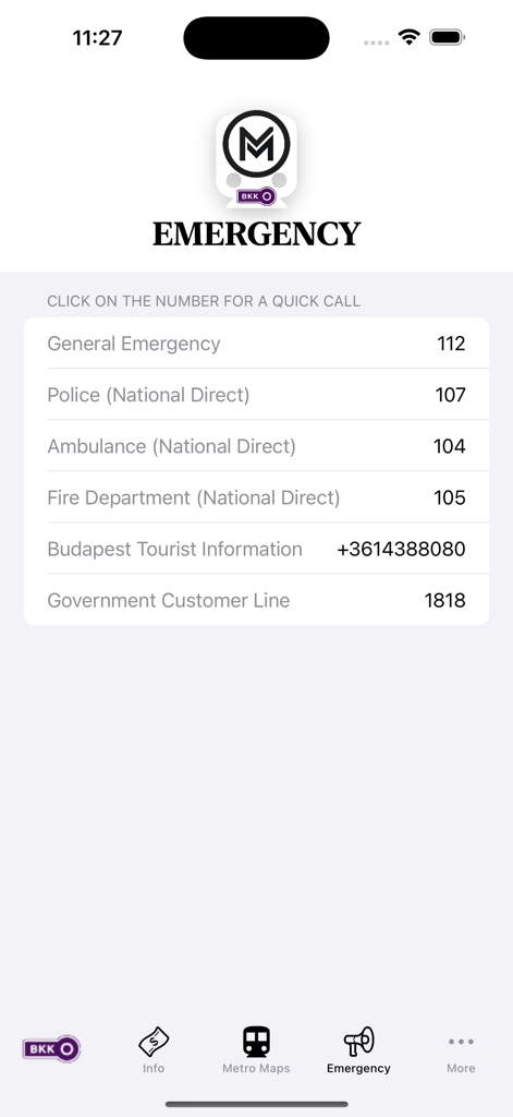 Pantalla de números de emergencia en la aplicación Budapest Subway Map que enumera los contactos de la policía, ambulancia y departamento de bomberos.